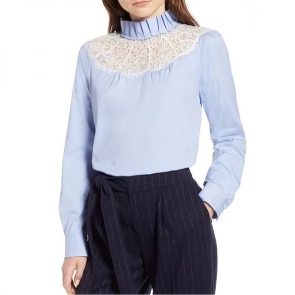 Halogen Blue White Micro-stripe Lace York Poplin  Blouse - Picture 1 of 6